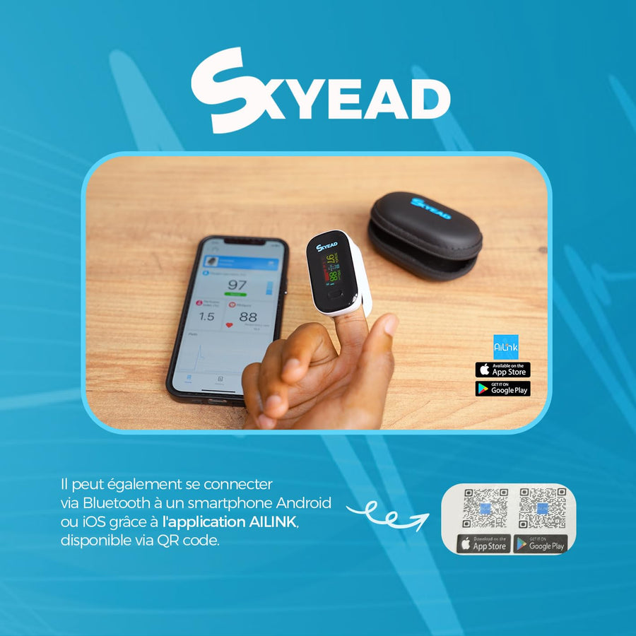 Oxymètre de Pouls Bluetooth SKYEAD SK-25A – Suivi SpO2 & Fréquence Cardiaque – Écran TFT HD – Appli AILINK iOS/Android – Étui + Piles Inclus – Hommes/Femmes/Sport/Santé