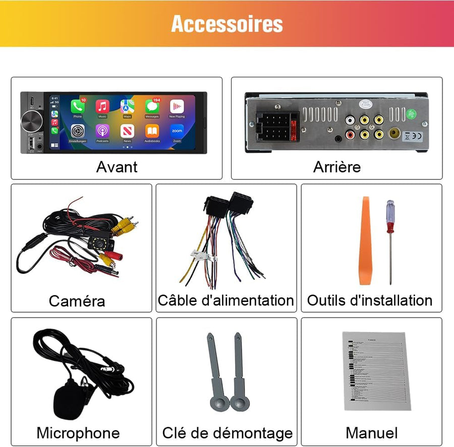 Autoradio 1 DIN avec Écran Tactile HD 6,36" | CarPlay & Android Auto sans Fil | Bluetooth 5.0 | FM | USB Type-C | Commande Vocale | Compatible Caméra de Recul