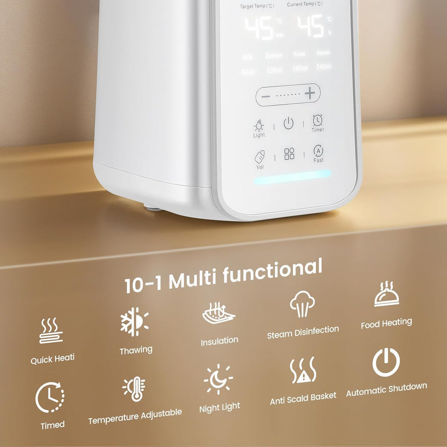 Chauffe-biberon 10 en 1 avec thermostat intelligent et veilleuse | Chauffage rapide en 2 à 5 minutes, stérilisation à la vapeur, arrêt automatique