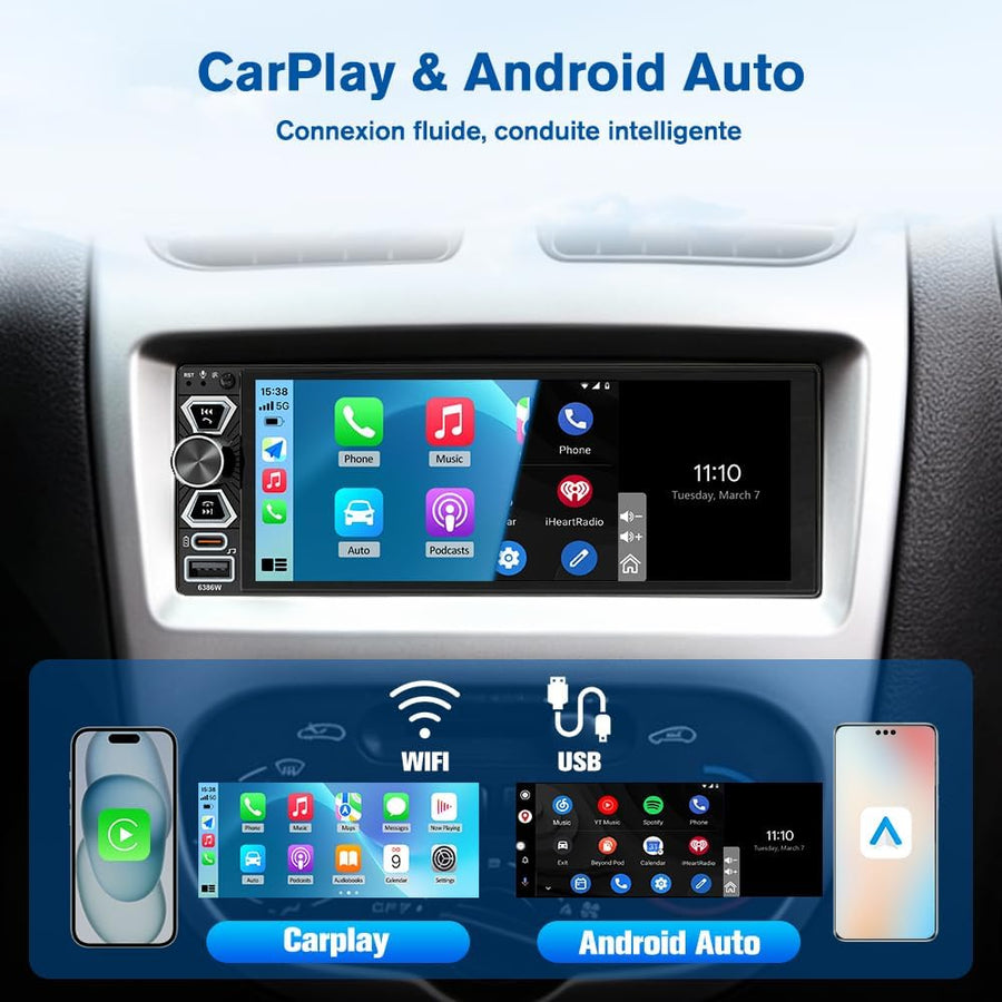 Ecran Carplay Autoradio 1 DIN CarPlay 6,9 Pouces Écran Tactile CarPlay et Android Auto sans Fil, Bluetooth, Télécommande, GPS, Caméra de Recul, Radio FM, Mirror Link