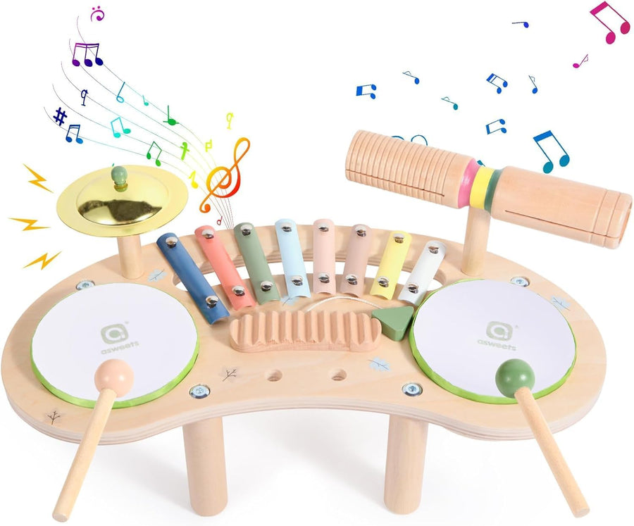 Ensemble de Batterie 7en1 pour Tout-Petits, Bois Instrument de Musique pour Bébés, Jouet Musical Montessori, Cadeau pour Filles et Garçons de 3 Ans Et Plus