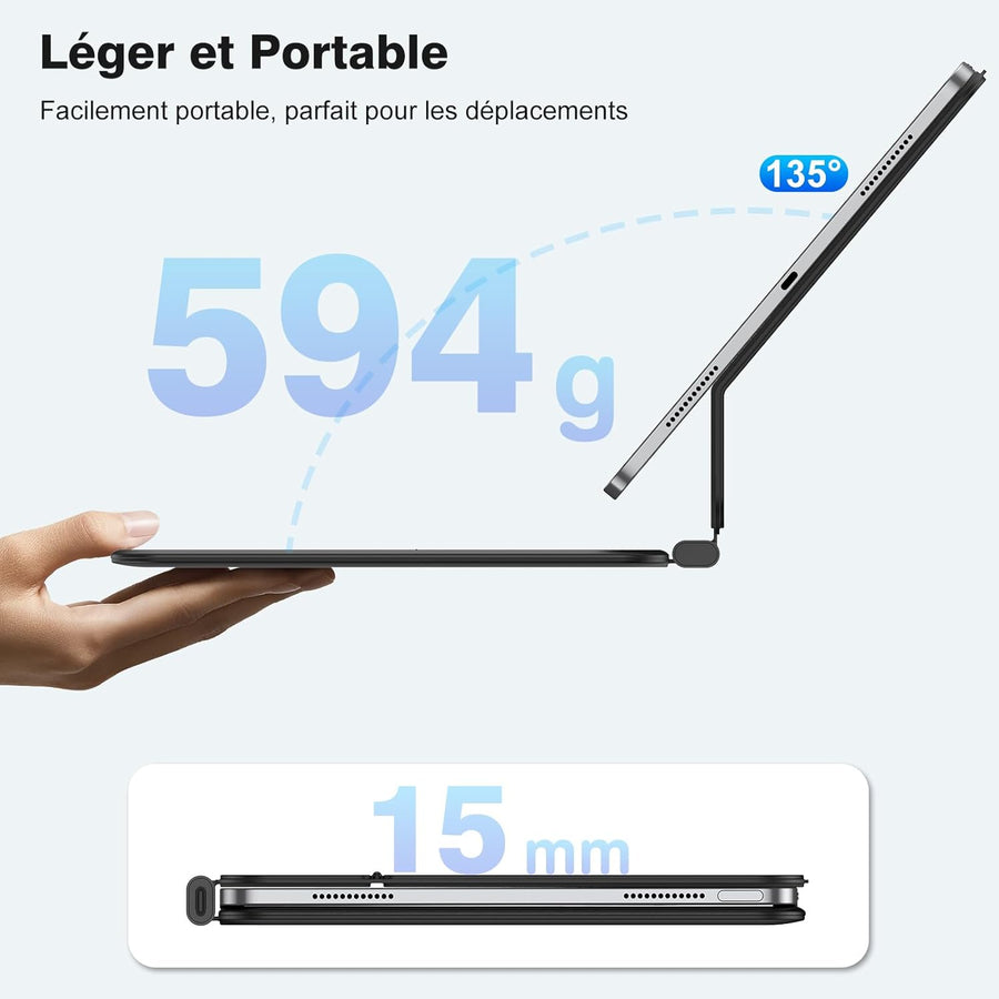 Clavier pour iPad Air 11 (M3/M2, 2025/2024)/Air 5/4 AZERTY ISO-FR, Magic Keyboard pour iPad Pro 11" (4/3/2/1 Gen) avec Pavé Tactile Pleine Surface, Rétroéclairé Réglable