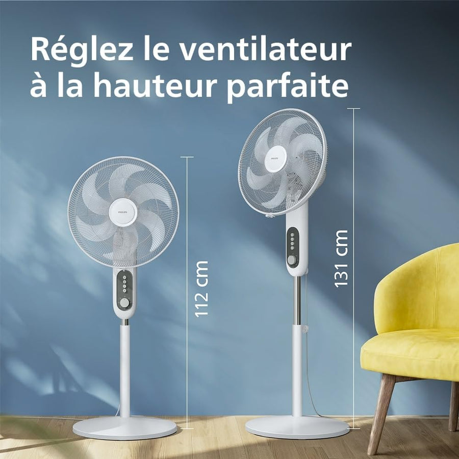 Philips Ventilateur sur pied Série 1000 - Puissant et silencieux, 38 dB, Hauteur réglable, Inclinable et rotatif, Minuterie BLANC