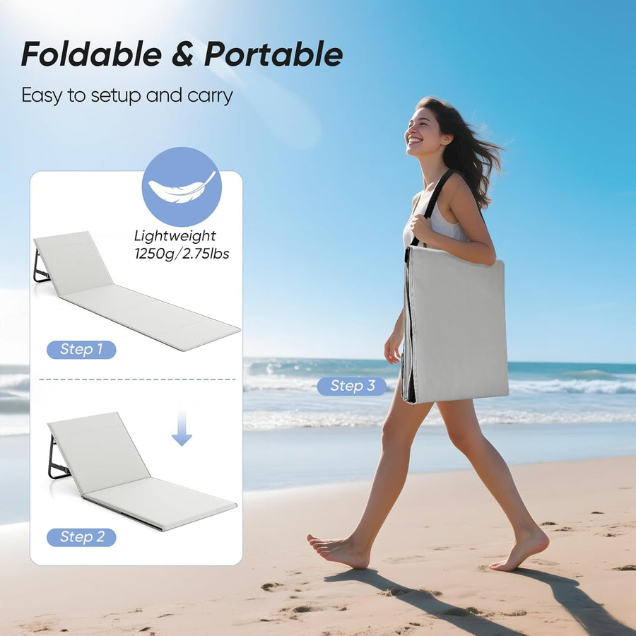 Matelas de plage pliable avec dossier réglable, transportable avec sangle de transport, coussin et sac de rangement, chaise longue résistante pour la plage, le jardin et la terrasse