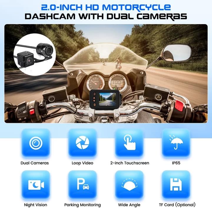 Dashcam Moto 1080P avec Caméra Avant + Arrière, 2 Pouces IPS HD Écran Voiture Dash Cam Moto avec IP65, Détection de Mouvement, Surveillance Parking pour Universel Motos