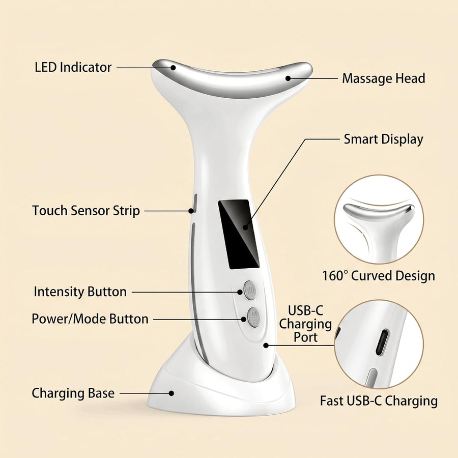 Masseur Visage EMS 7 Couleurs LED, Chaleur 45°C, 6 Modes 4 Intensités, Électrique pour Cou Visage Yeux, Rechargeable USB-C