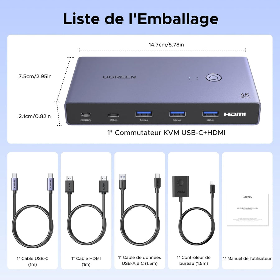 KVM Switch HDMI USB C 4K 60Hz 2 Entrées 1 Sortie avec 4 Ports USB 3.0 3A1C 5Gbps Commutateur KVM Câble HDMI et Câble USB-C Vidéo Inclus