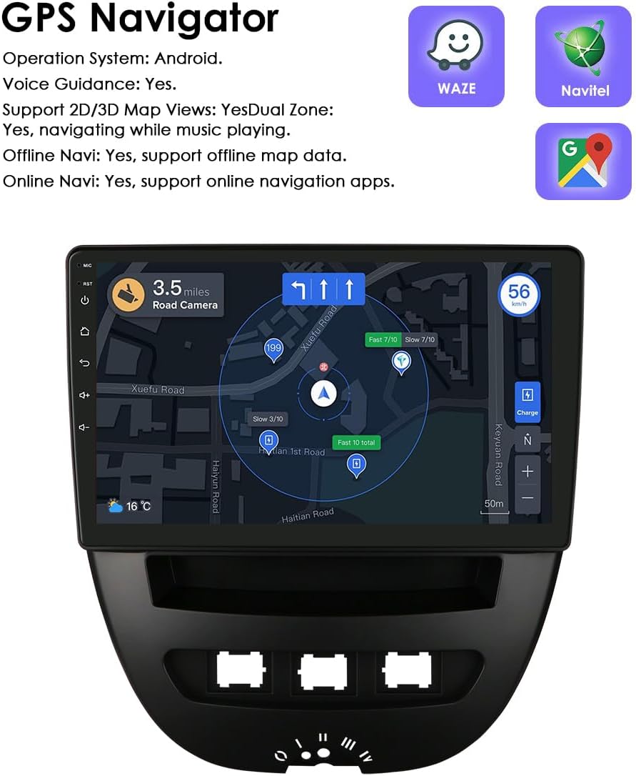 Autoradio Android 13 10,1" avec écran tactile 4 cœurs pour Peugeot 107/Toyota Aygo/Citroën C1 2005-2014 WiFi CarPlay/Android Auto Bluetooth 4G SWC GPS RDS 2 Go + 64 Go