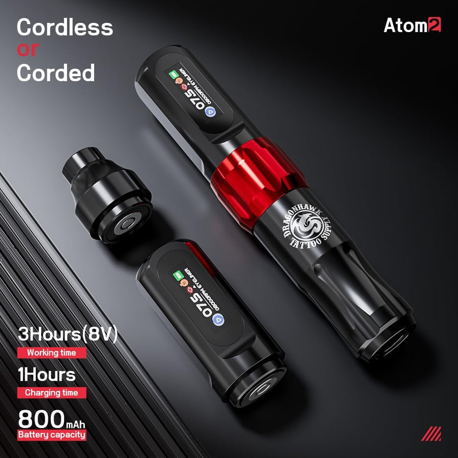 Dragonhawk Atom2 machine a tatouer Rotary Tattoo Microblading Pen 2,8mm Strokes Length Avec 1 Batteries with Rca Jack for Eyebrow Eyeliner Lip (RED 1 BATTERY)