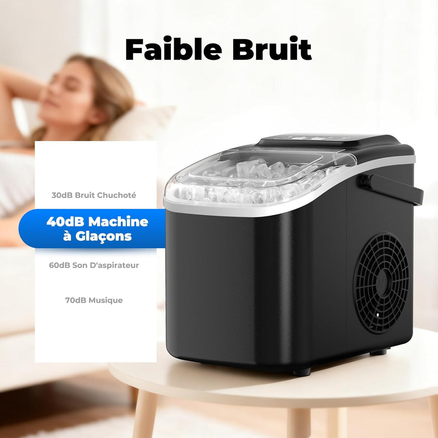 Machine à Glaçons, 12kg en 24h, Portable Machine a Glacons avec Cuillère à Glace, 8 Glaçons en 6-8 Minutes, Autonettoyante