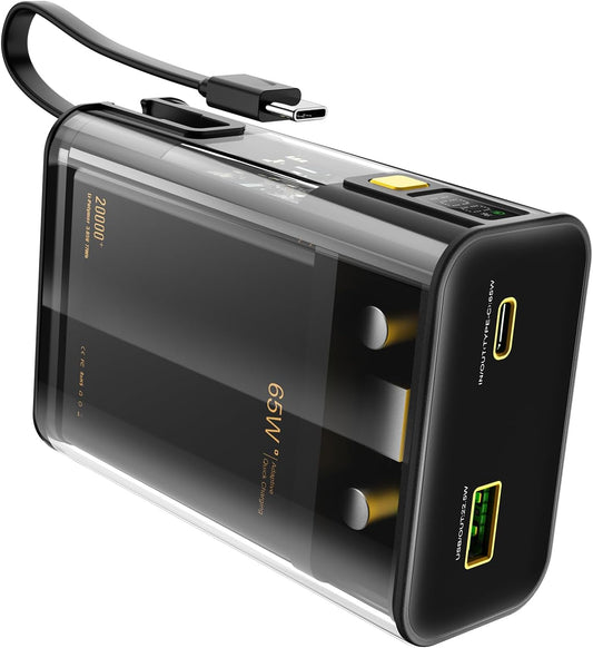 Batterie Externe 65W 20000mAh Power Bank USB-C PD3.0 QC4.0 Charge Rapide Câble 65W USB-C Intégré