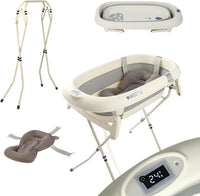 Baignoire Pliable Bébé avec Support Acier Thermomètre Intégré Coussin Ergonomique Tuyau de Vidange Compacte et Transportable 0-3 Ans GRIS