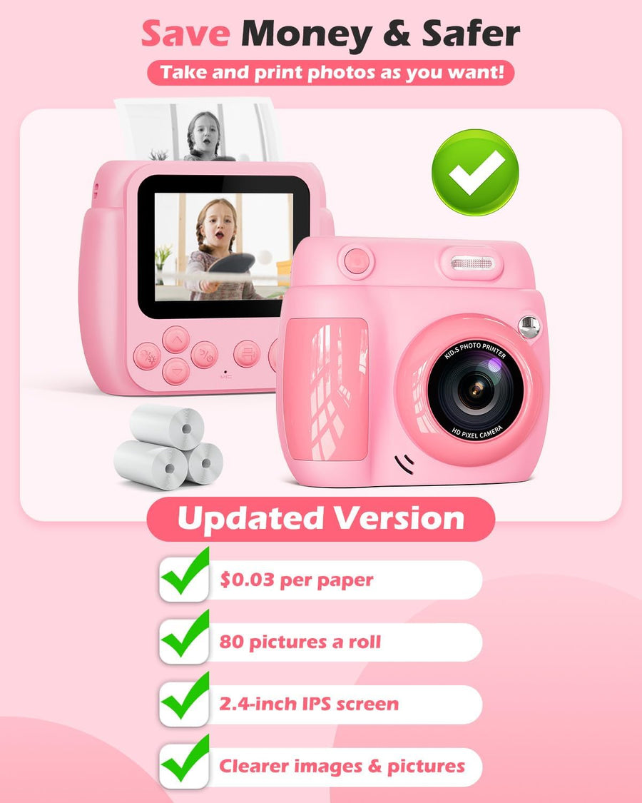 Appareil Photo Instantané Enfant – Cadeau Noël & Anniversaire pour Garçons Filles 3-10 Ans, Jouet Éducatif avec Vidéo 1080P, 20MP, 3 Rouleaux Papier & Carte Mémoire 32GB