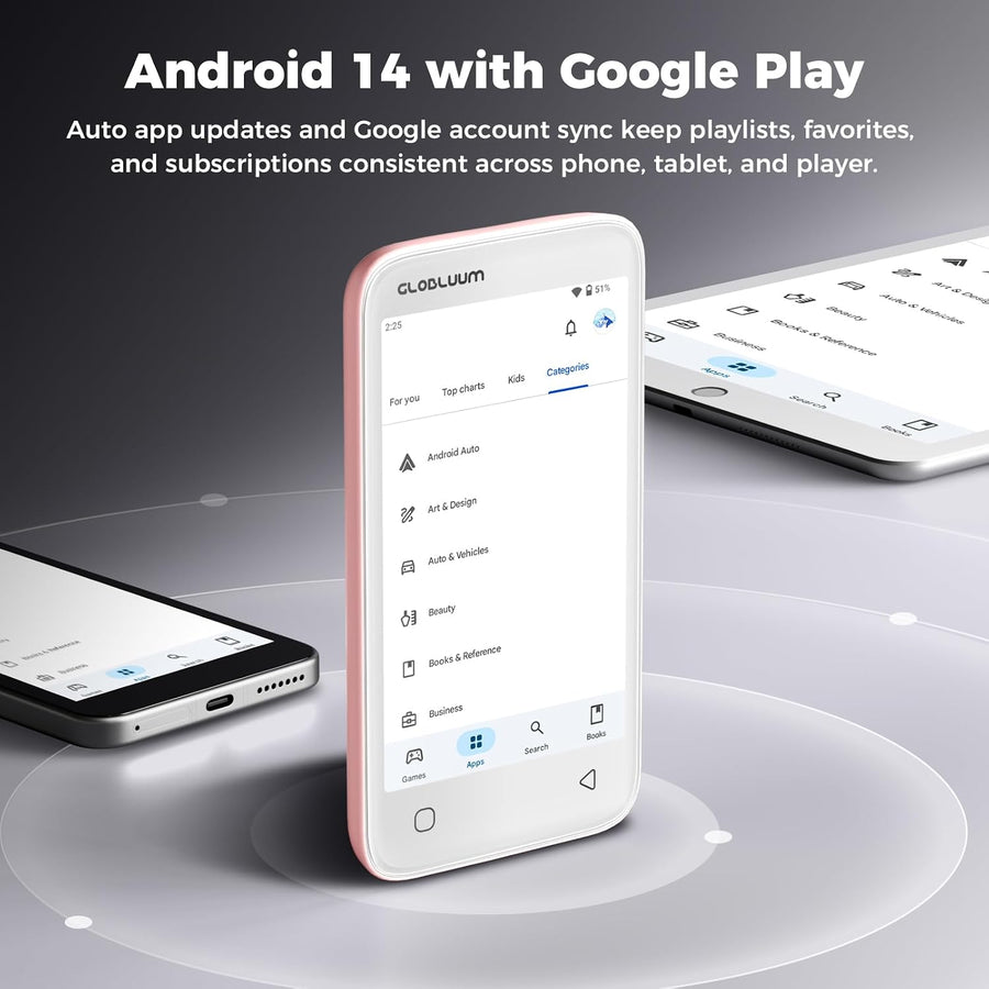 Lecteur MP3 Bluetooth WiFi, Spotify Compatible, Lecteur Musique 32 Go Streaming musical, Audible compatible, Android 14, écran 4", contrôle parental, adapté aux familles, Rose
