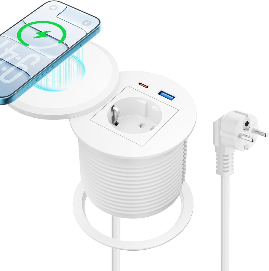 Prise encastrable Plan de Travail avec Charge Qi15 W, USB-C PD 30W, Ø80 mm Multiprise encastrable avec 1 prise, USB-A QC 18 W, couvercle rotatif anti-poussière, câble 2 m, bureau et cuisine, blanc