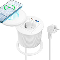 Prise encastrable Plan de Travail avec Charge Qi15 W, USB-C PD 30W, Ø80 mm Multiprise encastrable avec 1 prise, USB-A QC 18 W, couvercle rotatif anti-poussière, câble 2 m, bureau et cuisine, blanc