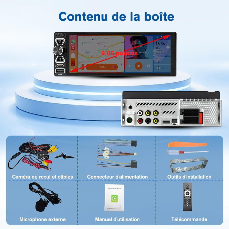 Ecran Carplay Autoradio 1 DIN CarPlay 6,9 Pouces Écran Tactile CarPlay et Android Auto sans Fil, Bluetooth, Télécommande, GPS, Caméra de Recul, Radio FM, Mirror Link
