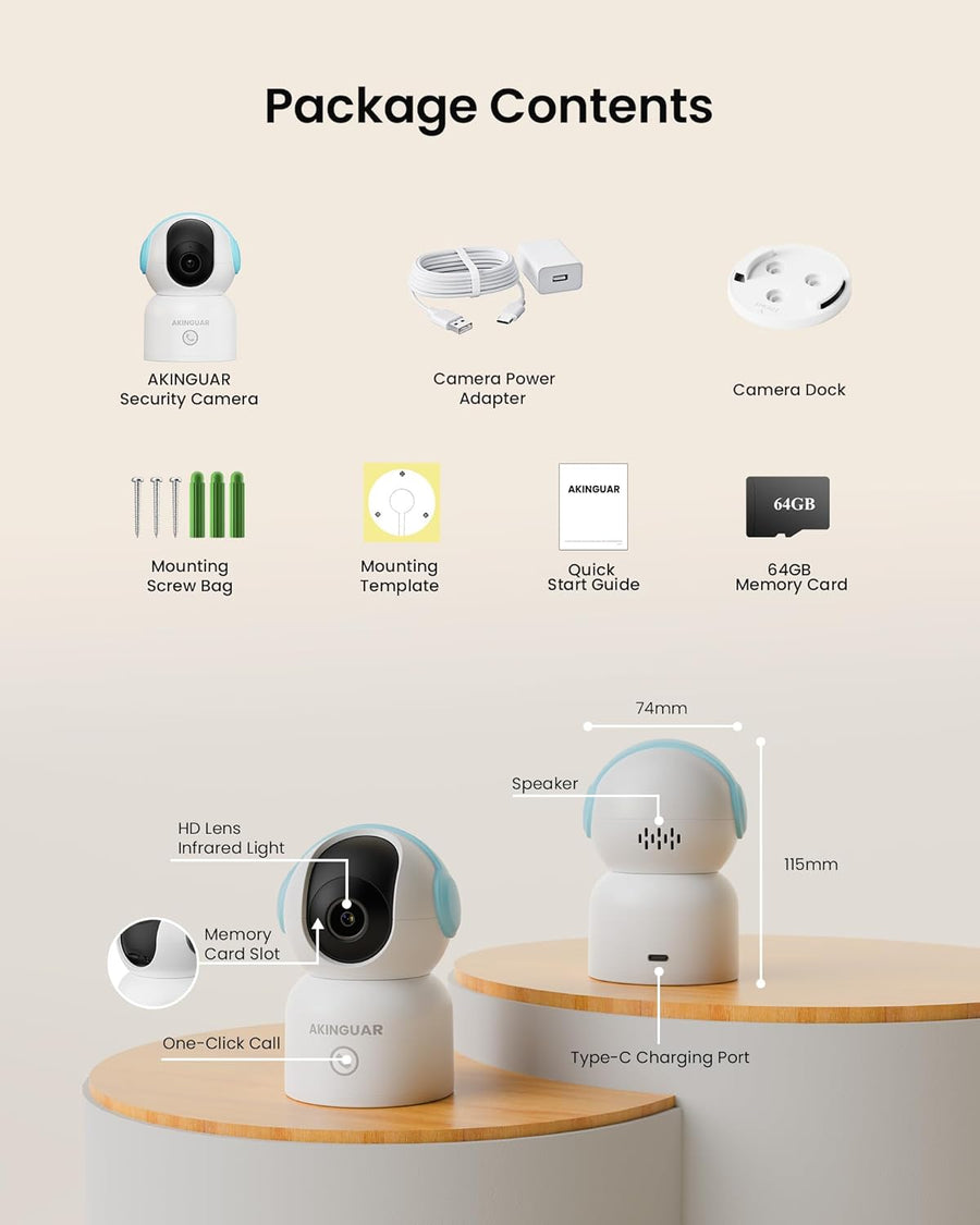 Caméra Surveillance 4K 8MP WiFi Intérieure, 2,4G/5GHz 360° IP Caméra Bébé, Détection de Personne/Animaux/Pleurs, Audio Bidirectionnel, Vision Nocturne, avec Carte Mémoire 64Go