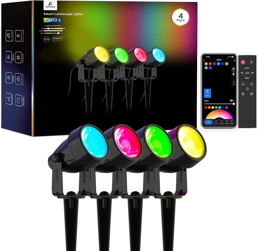 Spot LED Extérieur RGBW 12W, 4 Pièces Lampes Intelligentes avec Contrôle Vocal Alexa, 24V Étanche IP65 Projecteurs, APP/WiFi pour Jardin Paysager Allée Terrasse