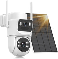 Camera Surveillance WiFi Exterieure sans Fil,à double objectif/Camera Solaire/Batterie,2.4/5G WIFI,360° PTZ Sécurité à Domicile,Vision Vocturne,Alarme,Audio Bidirectionnel,Suivi Automatique,IP66