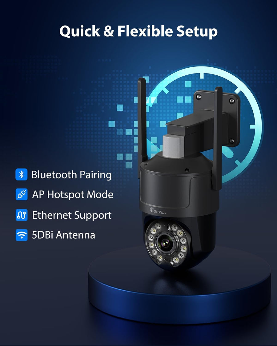 Caméra Surveillance 4K Extérieure avec Zoom Optique 5X, Vision Nocturne Couleur/IR Starlight 50m, Suivi Auto, Lumière Rouge-Bleue & Sirène, WiFi 5G/2,4G, App/PC, SD 256Go/FTP/NAS NOIR