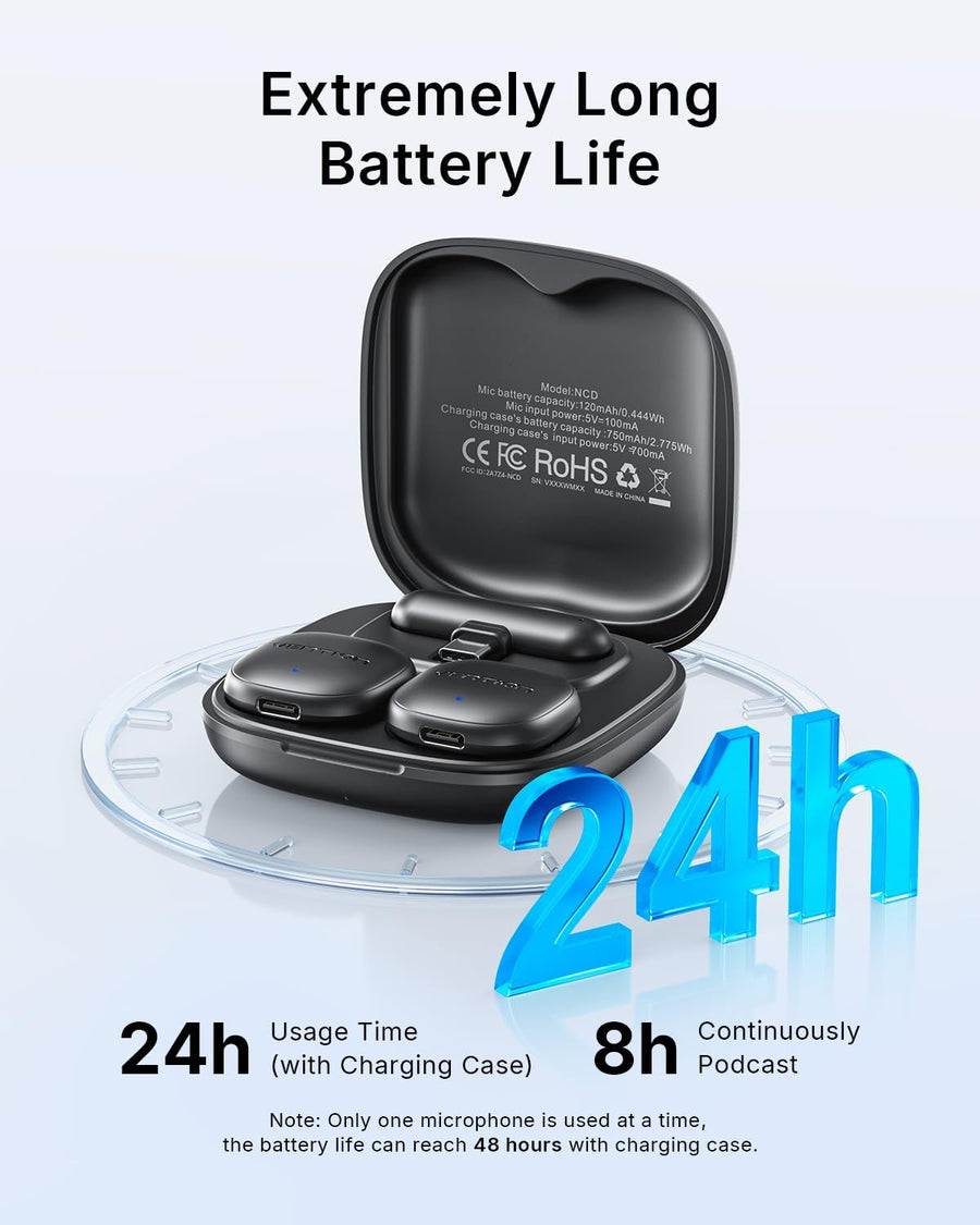 Mini Microphone sans Fil pour iPhone 17/16/15 Pro Max, [Plug and Play] USB-C pour Android, Microphone Lavalier à Annulation de Bruit AI avec Étui de Recharge 24H