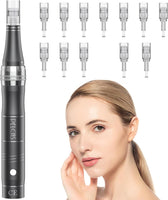 Stylo Beauté Microneedling, Appareil de Soin du Visage et du Corps avec 3 Vitesses et 12 Cartouches de Remplacement, Rechargeable