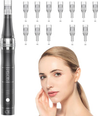 Stylo Beauté Microneedling, Appareil de Soin du Visage et du Corps avec 3 Vitesses et 12 Cartouches de Remplacement, Rechargeable