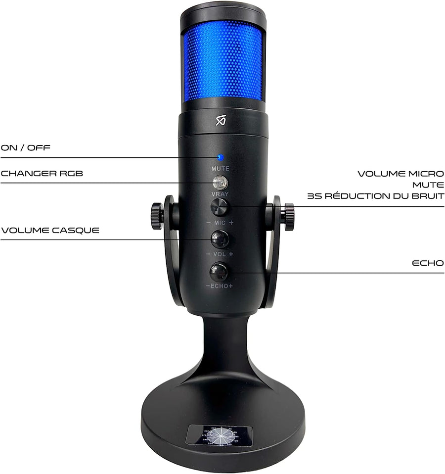 Microphone USB à condensateur, RGB, Réverbération Gaming Enregistrements, Réunions