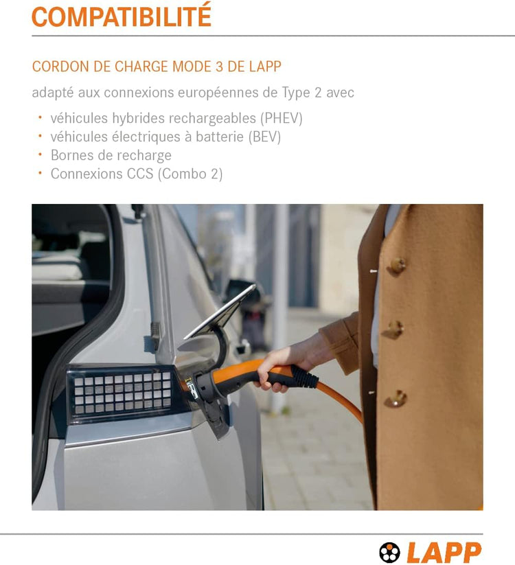 Câble de Recharge Voiture Electrique Type 2 32A 22kW 5M ORANGE