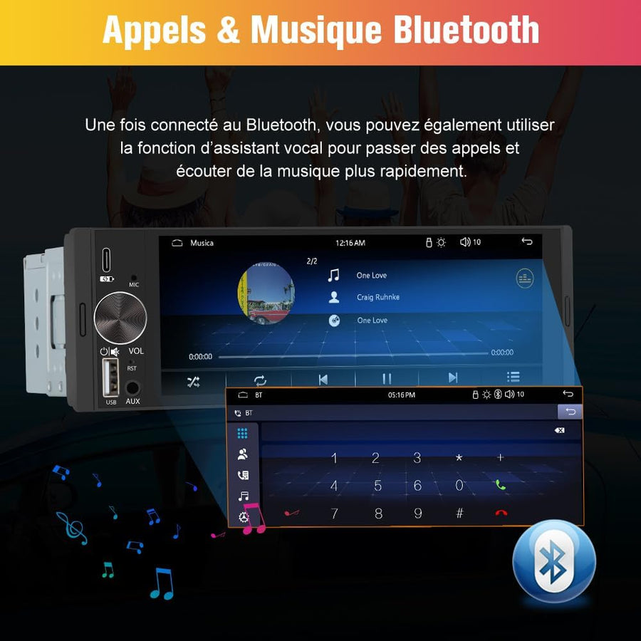 Autoradio 1 DIN avec Écran Tactile HD 6,36" | CarPlay & Android Auto sans Fil | Bluetooth 5.0 | FM | USB Type-C | Commande Vocale | Compatible Caméra de Recul