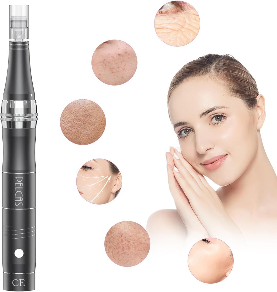 Stylo Beauté Microneedling, Appareil de Soin du Visage et du Corps avec 3 Vitesses et 12 Cartouches de Remplacement, Rechargeable