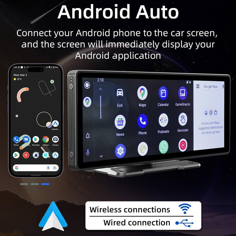 Écran Portable de Voiture 10,3'' HD IPS avec Android Auto et Apple CarPlay sans Fil, Émetteur FM Bluetooth, Compatible 7V-32V pour Camions et Fourgonnettes