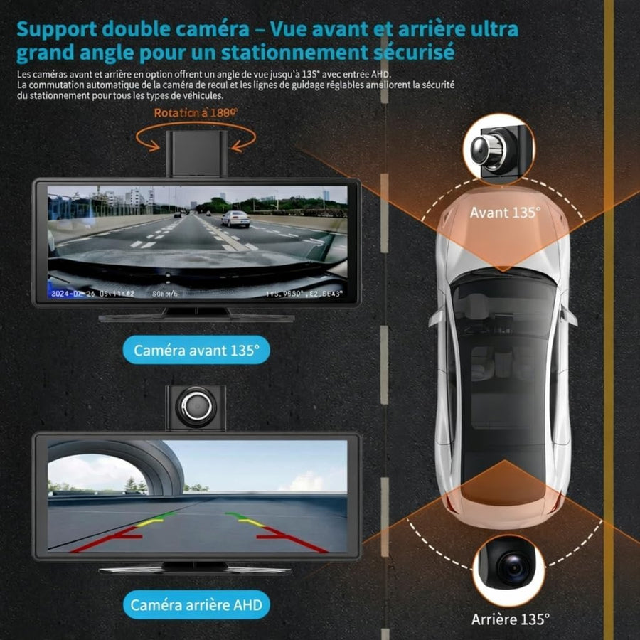 Dashcam Voiture 4K & Écran CarPlay Android Auto sans Fil 10.26" - Caméra de Recul 1080P, Apple AirPlay/Mirror Link, Bluetooth 5.0, AUX/FM, Navigation GPS, Commande Vocale, Tableau de Bord