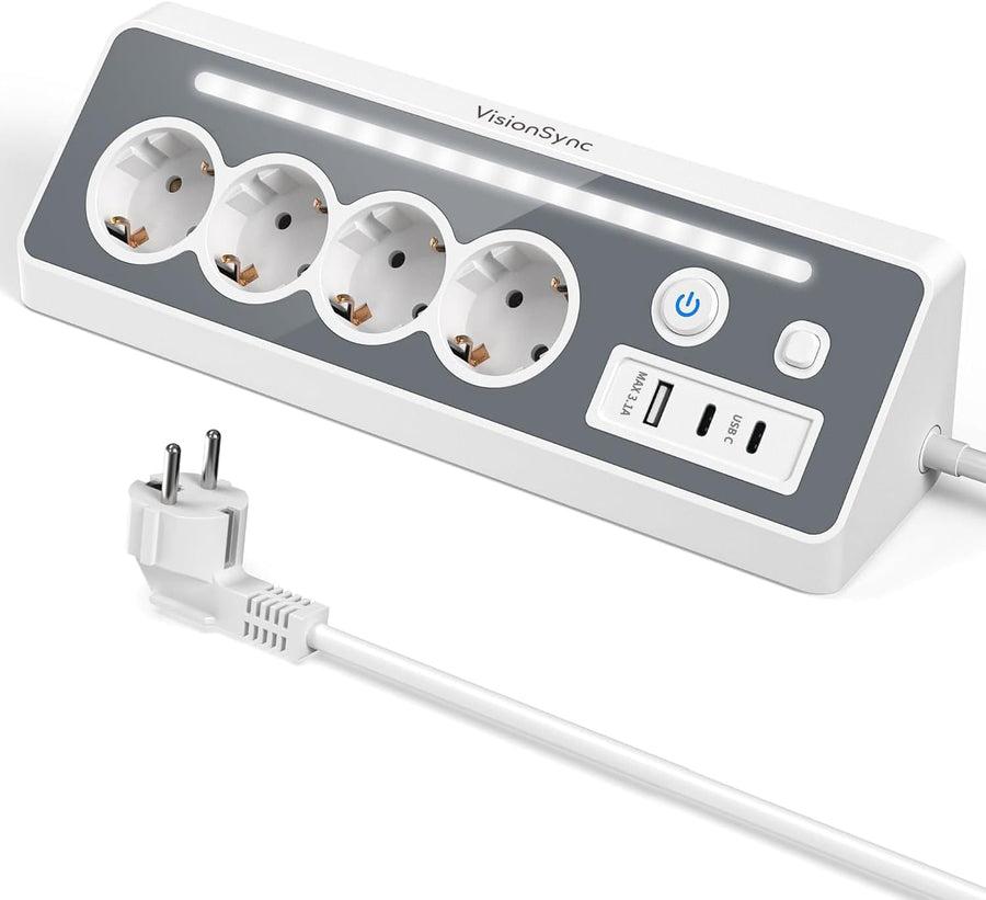 Prise coudée 7 en 1 avec station de charge rapide, 4 ports CA, 2 ports USB-C, affichage LED et double interrupteur