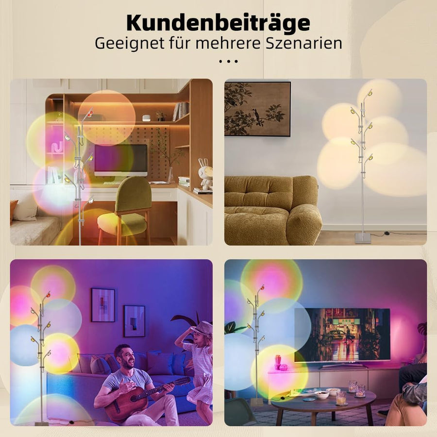 Lampadaire sur Pied Salon Projecteur RGB 5 Têtes d'éclairage Réglables Lumière d'Ambiance LED 3000K,Lampe Coucher de Soleil Filtres de Couleur Interchangeables