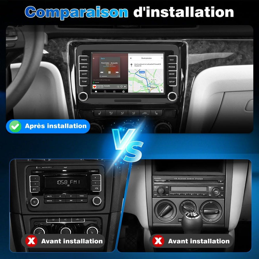 Autoradio 7" Carplay pour VW Golf 5 6 Polo CarPlay & Android Auto Sans Fil, Bluetooth, FM radio, DSP, 4x45W, Caméra Recul Dyn, Microphone