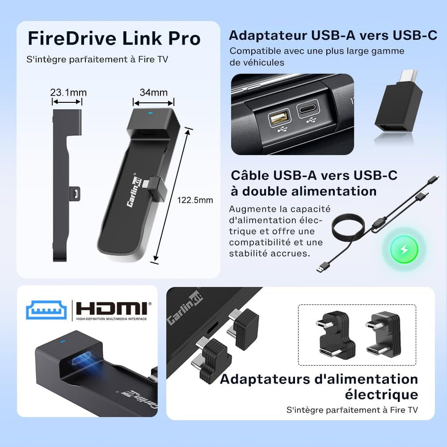 FireDrive Link Pro HDMI Car TV Convertisseur pour Fire TV Stick Streaming, Apple CarPlay & Android Auto Adapter Compatible avec les véhicules CarPlay câblés, Dongle 3 en 1, Plug & Play