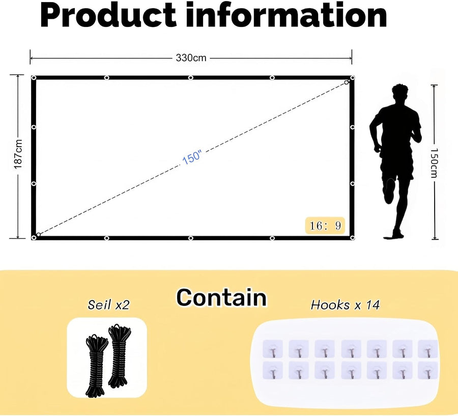 Écran de Projection 150 Pouces 16:9, Toile Vidéoprojecteur Pliable et Portable, Anti-Plis, Compatible 4K et Full HD, pour Cinéma Maison, Extérieur et Événements