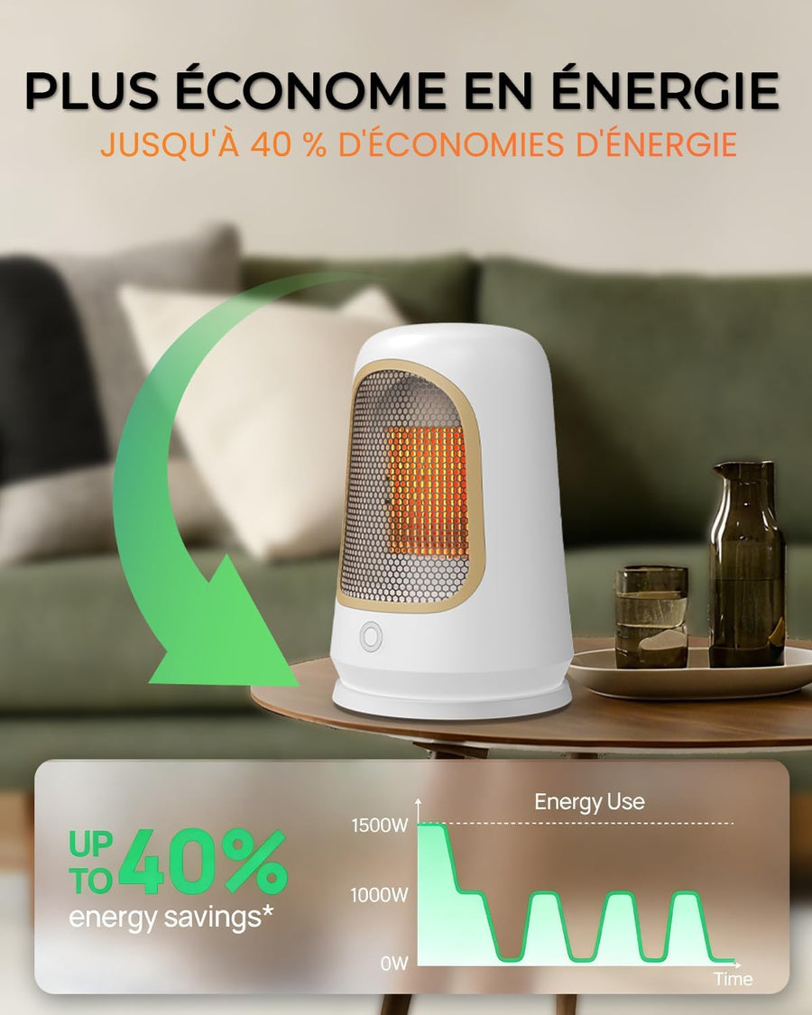 Radiateur soufflant 1500W PTC céramique chauffant, chauffage d’appoint portable - Faible consommation d’énergie, silencieux, protection anti-basculement et contre la surchauffe