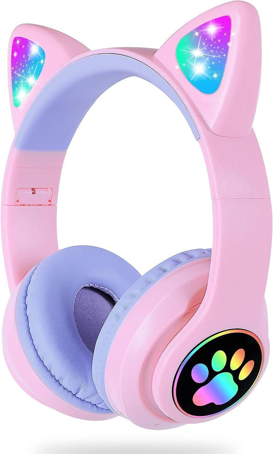 Casque Audio Bluetooth Sans Fil Stéréo HD Micro Mignon Oreilles de Chat LED Light Pliable ROSE