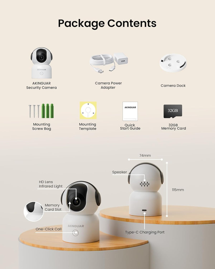 Caméra Surveillance 2K 3MP WiFi intérieure 360° Pan&Tilt Caméra IP, Vision Nocturne, Audio Bidirectionnel, Détection Humaine AI, Suivi de Mouvement, avec Carte Mémoire de 32 Go