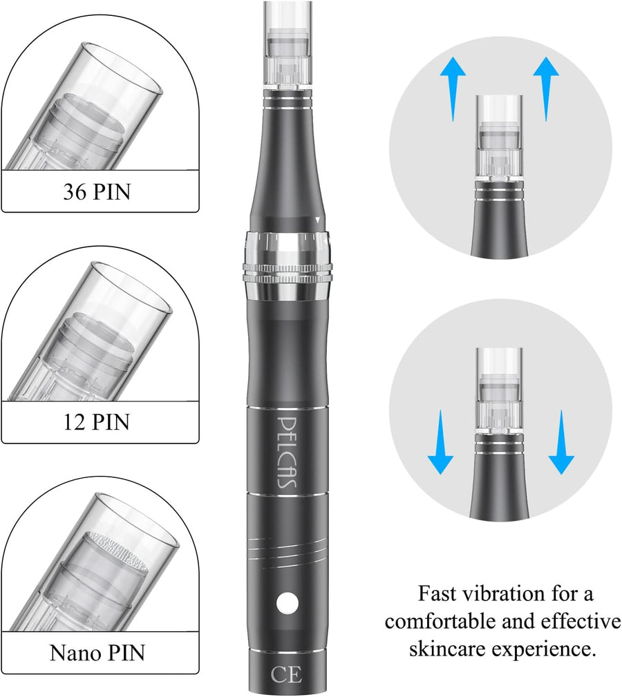 Stylo Beauté Microneedling, Appareil de Soin du Visage et du Corps avec 3 Vitesses et 12 Cartouches de Remplacement, Rechargeable