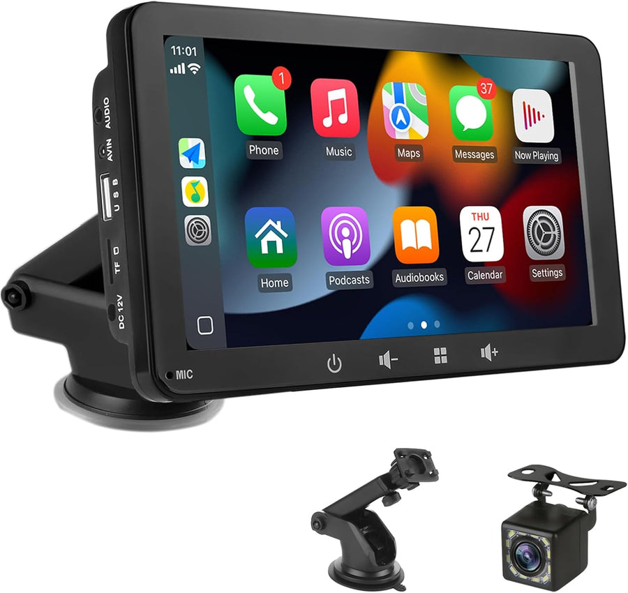Écran Voiture 7" avec Carplay et Android Auto sans Fil – Autoradio Portable avec Écran Tactile | Caméra de Recul | Transmetteur FM, AUX,USB