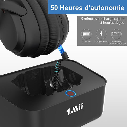 Casque Bluetooth Sans Fil TV Transmetteur Socle Chargement Autonomie 50H Longue Portée NOIR