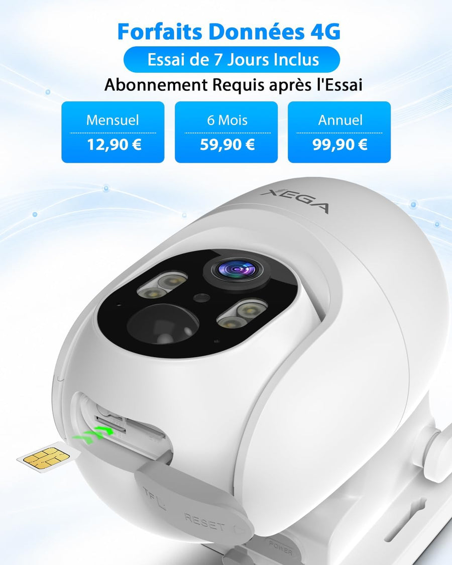 Caméra Surveillance 4G LTE Solaire avec Carte SIM,Enregistrement 24/7 Détection IA 25m, Audio Bidirectionnel, PTZ 355°, Panneau Solaire 8 W, 2K Vision Nocturne en Couleur, Abonnement Requis