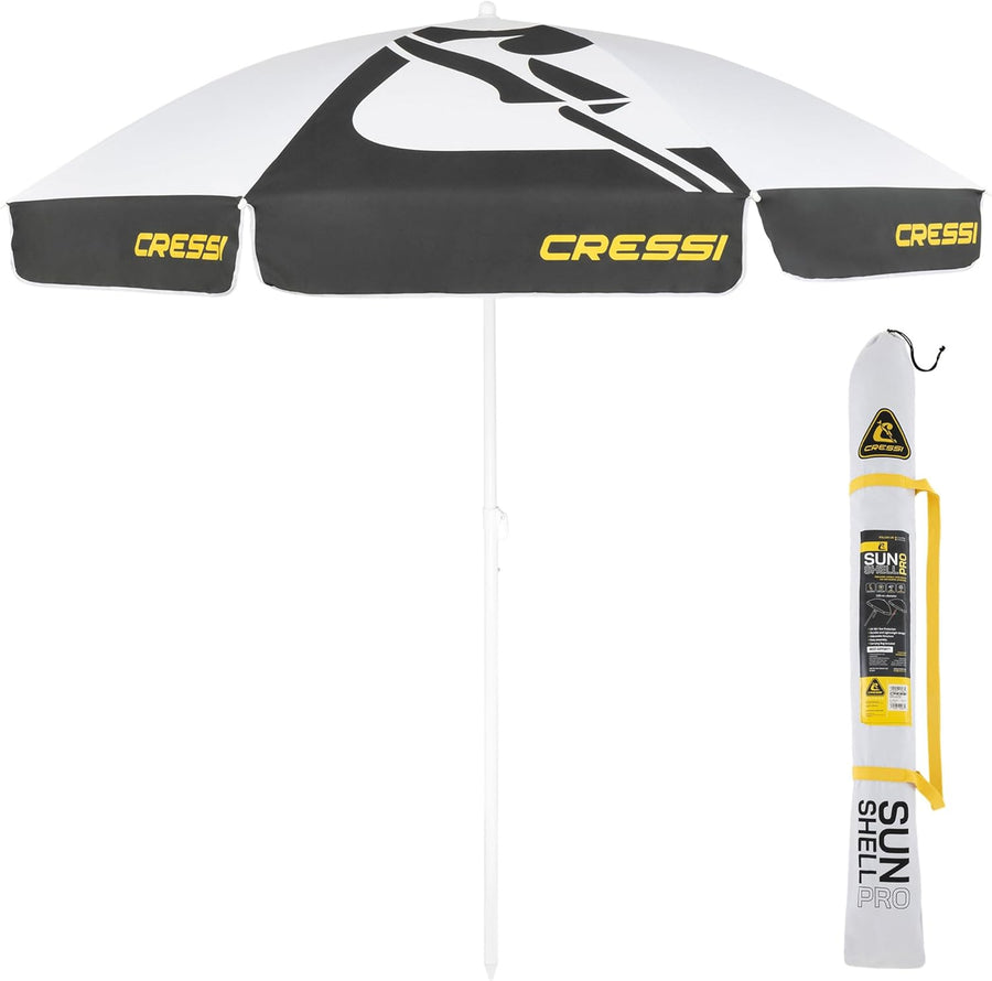 Cressi Sunshell Pro Umbrella - Parasol d'Extérieur Léger et Portable, Réglable et Inclinable pour se Protéger du Soleil et des Intempéries, Blanc/Noir/Jaune, Ø 220cm