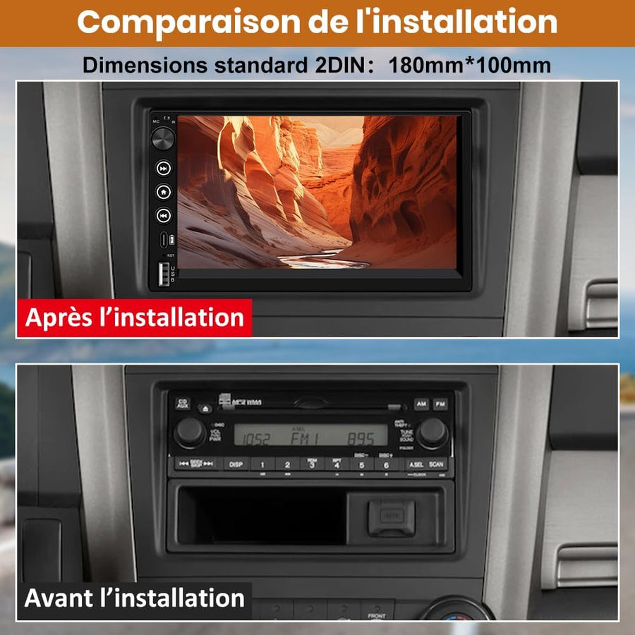 Autoradio 2DIN Bluetooth avec CarPlay & Android Auto, 7 Pouces Écran Tactile HD, Bouton Rotatif, USB/FM/Microphone, Miroir Link, Caméra de Recul Universel Voiture, Commande au Volant