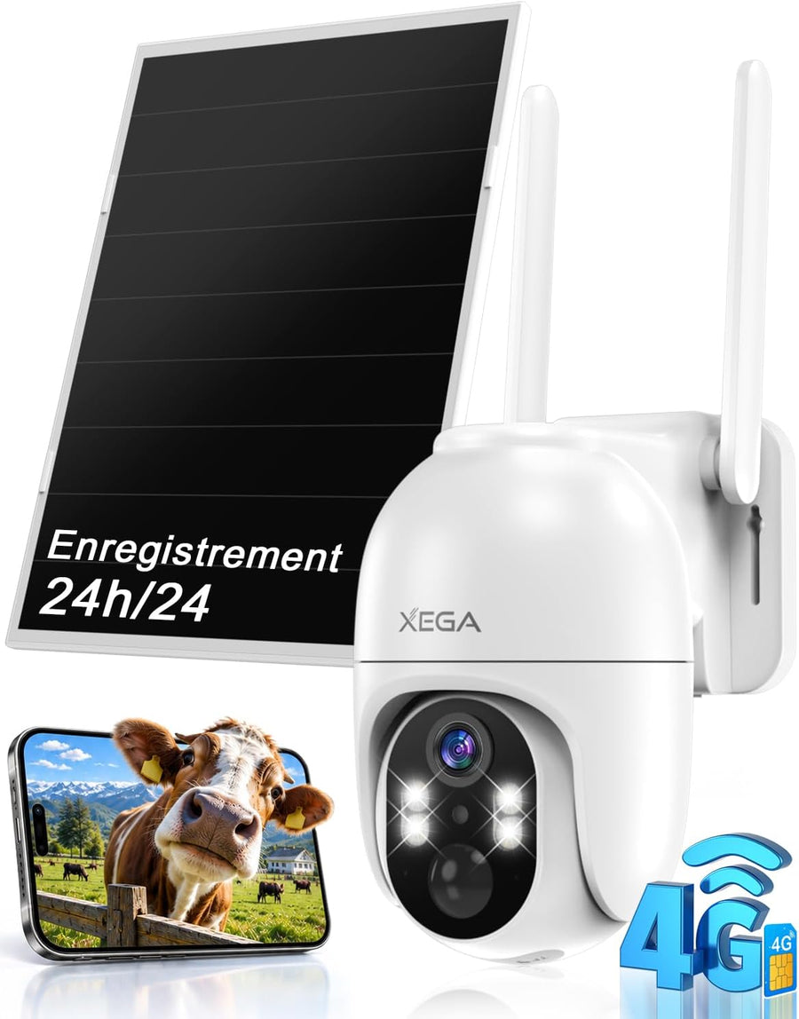 Xega 4G LTE Caméra Surveillance Solaire avec Carte SIM,Enregistrement 24/7 Détection IA 25m, Audio Bidirectionnel, PTZ 355°, Panneau Solaire 8 W, 2K Vision Nocturne en Couleur, Abonnement Requis