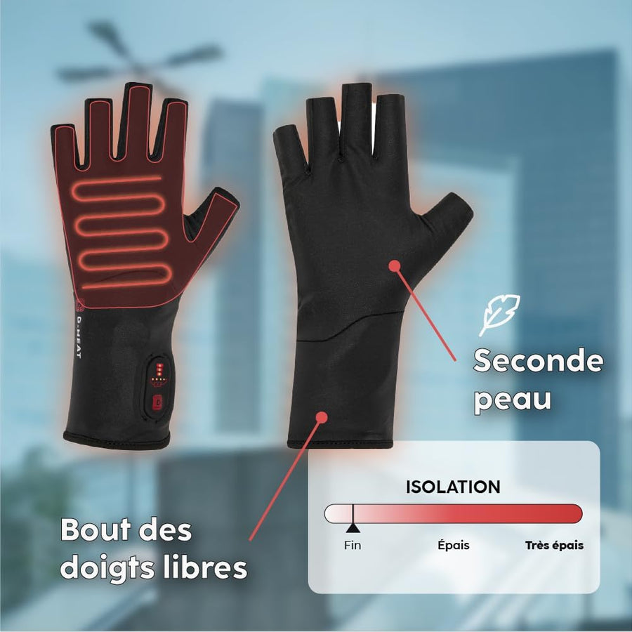 G-HEAT - sous-Gants Chauffants Mitten Mixte Ultra-Fins Effet Seconde Peau Doigts Libres Jusqu’à 6h d’Autonomie Idéal pour Maladie de Raynaud, Quotidien et Sports par Temps Froid